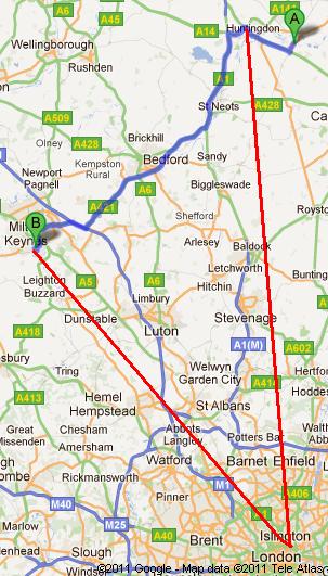 Car route (blue) and illustrative train route (red) between St.Ives/Huntingdon and Bletchley Park